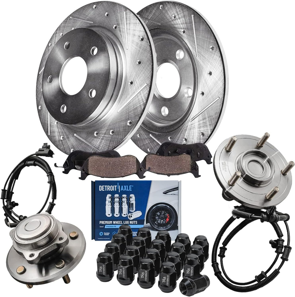 Detroit Axle - Rear Brake Kit for Chrysler Town & Country Dodge Grand Caravan Routan Drilled Disc Brake Rotors Ceramic Brakes Pads Wheel Bearing Hubs Wheel Lug Nuts Replacement : 12' inch Rotor