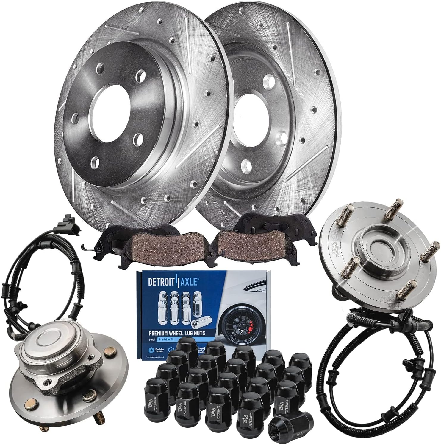 Detroit Axle - Rear Brake Kit for Chrysler Town & Country Dodge Grand Caravan Routan Drilled Disc Brake Rotors Ceramic Brakes Pads Wheel Bearing Hubs Wheel Lug Nuts Replacement : 12' inch Rotor