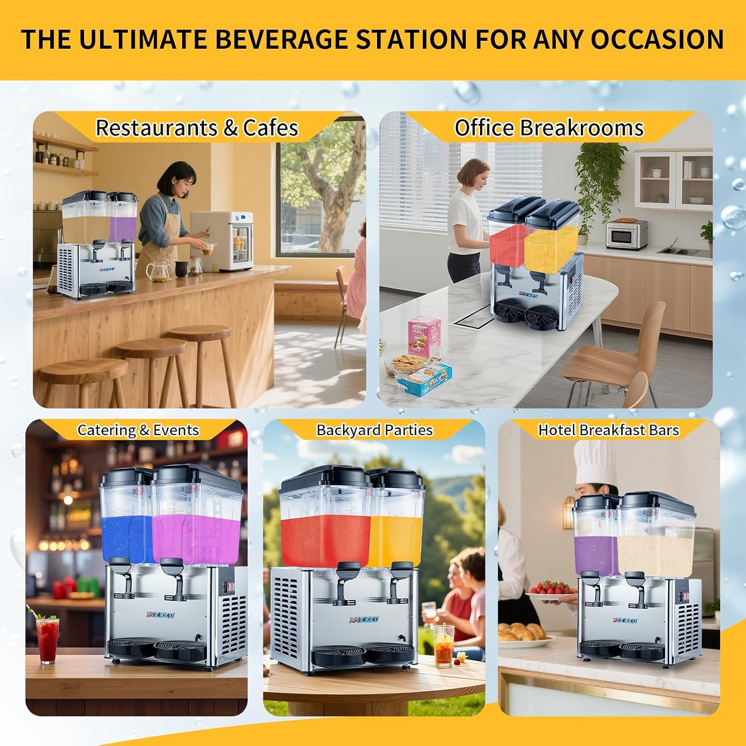 Commercial Beverage Dispenser, 36L Dual-Tank 300W Refrigerated Cooler | Maintains 45-54°F with independent cooling and mixing controls, stainless steel body, and removable tanks.