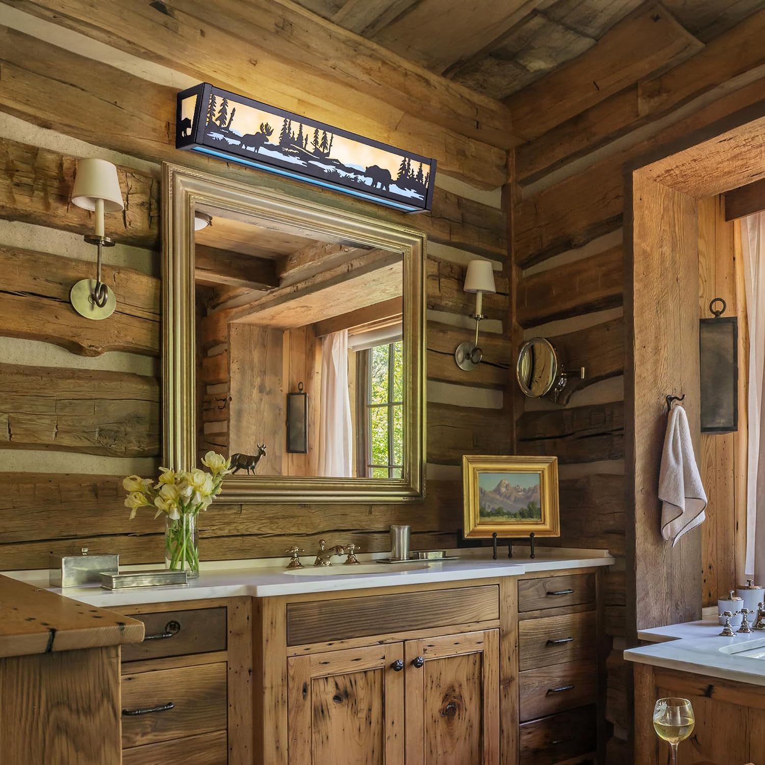 TOCHIC Farmhouse LED Bathroom Vanity Light, Matte Black Western Light Fixture Over Mirror, Rustic Deer & Bear Vanity Lights for Bathroom, Mirror Cabinets, Powder Room, Living Room, 24' L