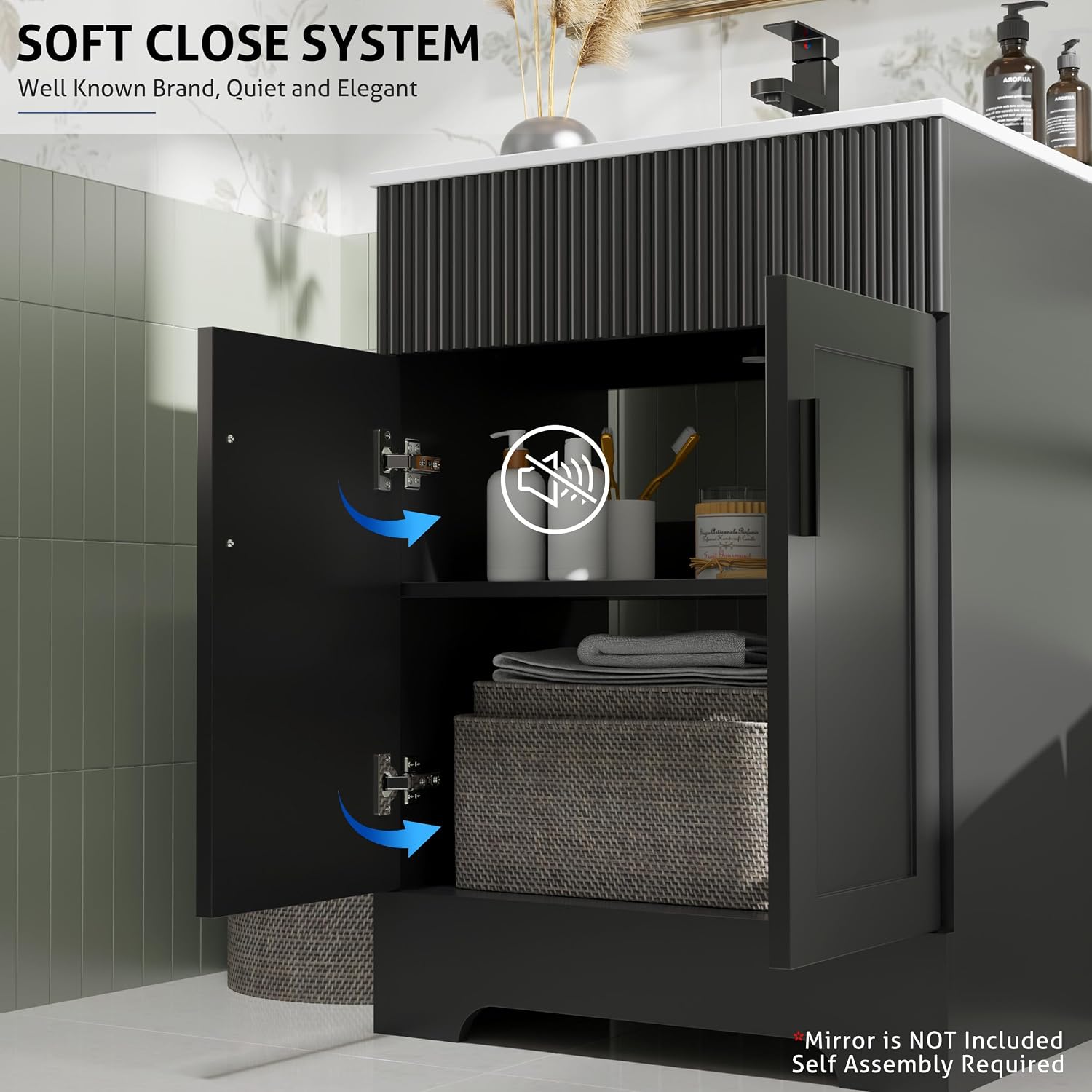 eclife 24' Bathroom Vanities Sink Combo with Painted Surface, Modern Drawered Cabinet W/Decorative Wave Lines, Undermount Single White Sink, Matte Black Faucet Drain, Black