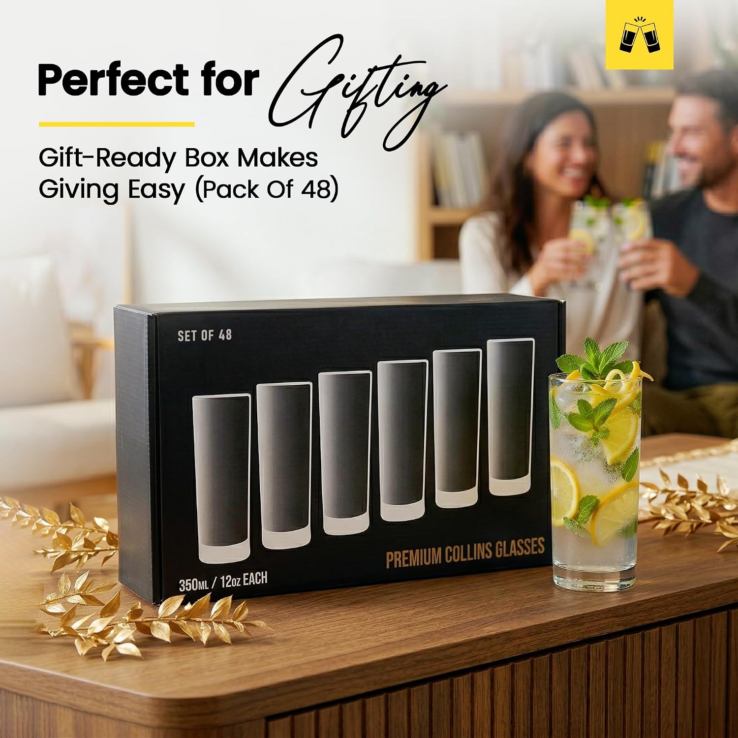 LEMONSODA Highball Glasses 12oz Set of 48 | Lead-Free Glass Durable Weighted Base | Dishwasher Safe Cocktail Glassware for Mojito Whiskey Iced Tea Water | Gift Box Included Modern Design