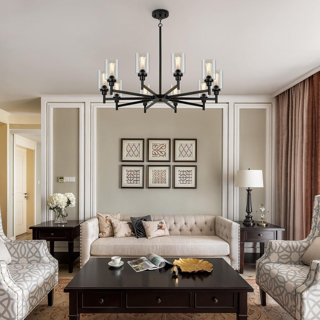 10 Light Large Black Farmhouse Chandelier | Rustic Chandeliers for Dining Room Light Fixture | Industrial Hanging Lighting with Clear Glass Cover for Living Room | Foyer | Staircase | Villa