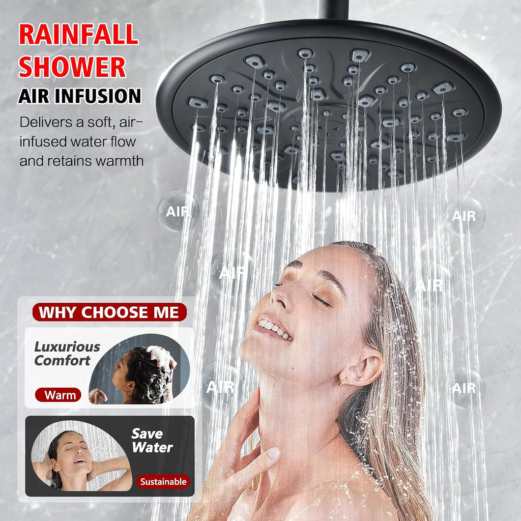 sumerain Matte Black Rain Shower System with Adjustable Slide Bar, Rainfall Shower Faucet Fixture with Handheld, Included Valve and Trim Kit