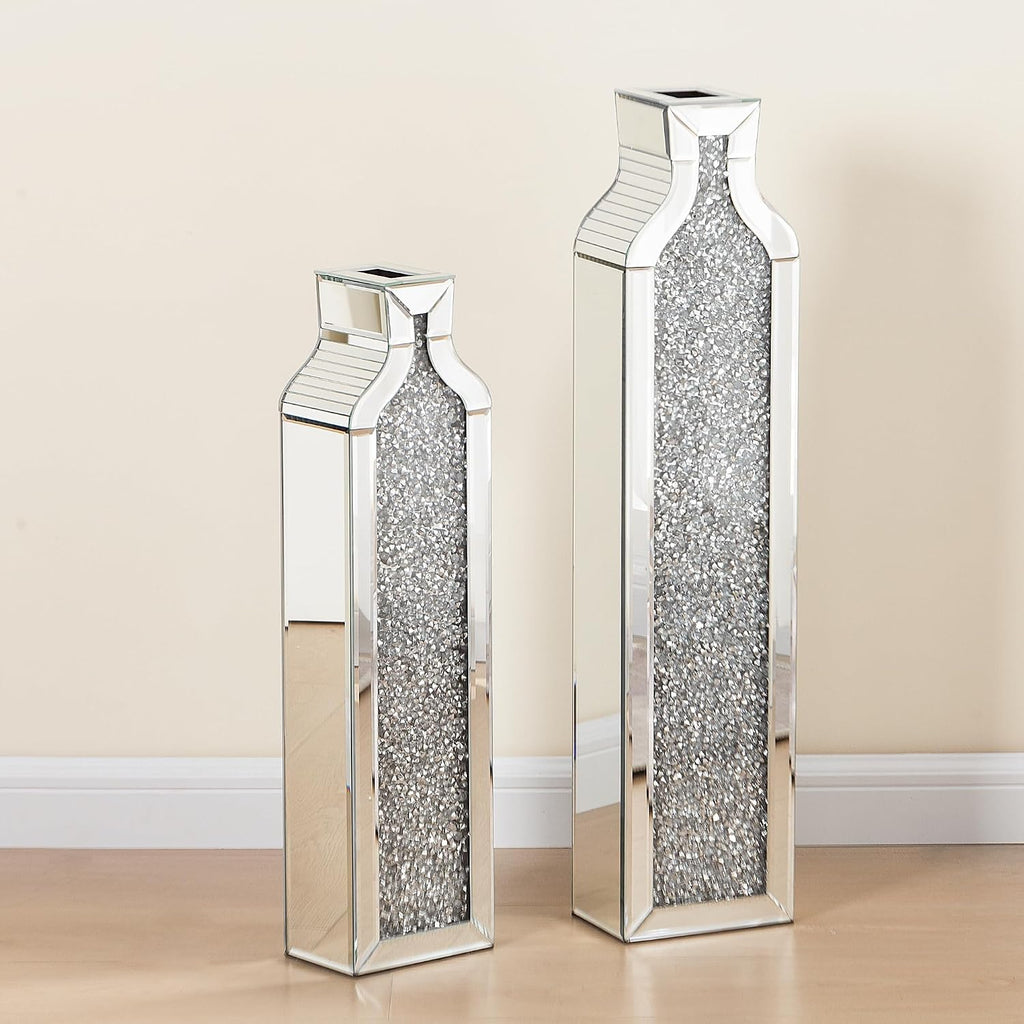 SHYFOY Floor Vase Crushed Diamond Mirrored Vase - Silver Floor Standing Vases Set of 2-24' & 30' Large Crystal Tall Vases for Living Room Dining Bedroom Home Corner Hallway Indoor Office Floor