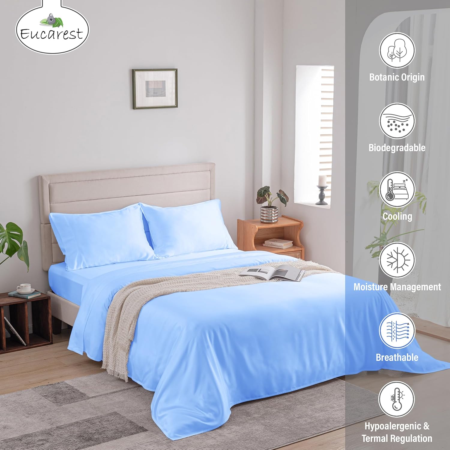 100% Eucalyptus Tencel Bed Sheets | California King | Organic | Ultra Soft | Cooling for Hot Sleepers | Hypoallergenic | Thermal Regulating | Deep Pocket | Fits 18' Mattress - Baby Blue