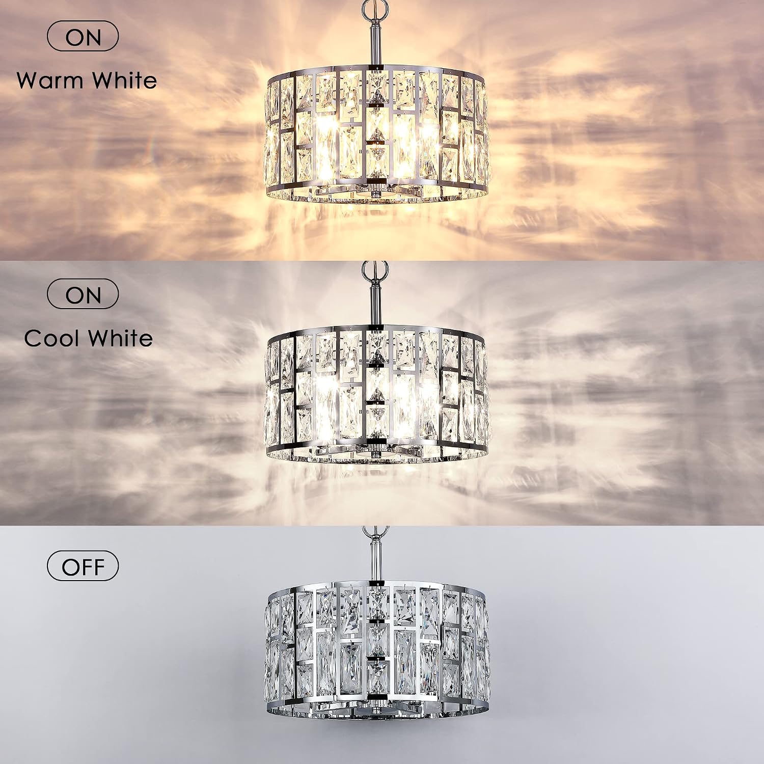 MEXO Farmhouse Crystal Convertible Chandelier and Semi Flush Mount Lighting Chrome Cylinder Drum Shade Pendant for Kitchen Island Dining Room Bedroom Hallway