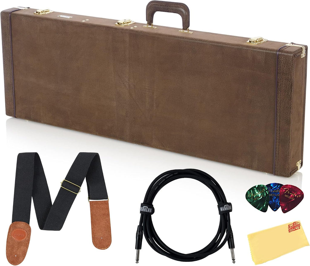 Gator GW-ELECT-VIN Deluxe Wood Case for Double-Cutaway Electric Guitars - Vintage Brown Bundle with Picks, Strap, Instrument Cable, and Austin Bazaar Polishing Cloth