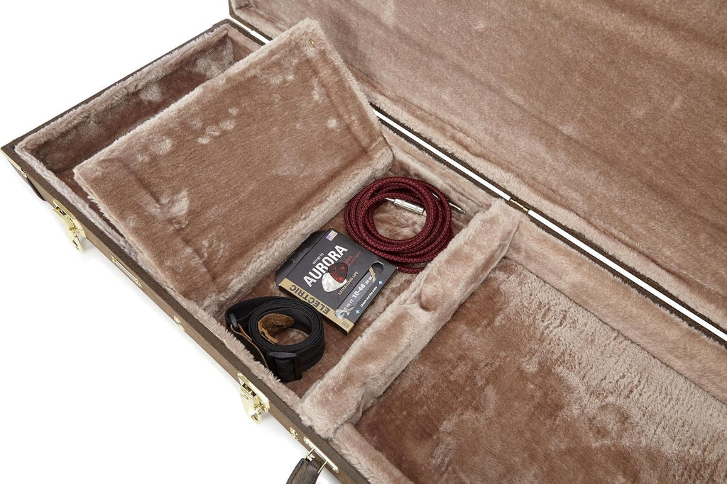 Gator GW-ELECT-VIN Deluxe Wood Case for Double-Cutaway Electric Guitars - Vintage Brown Bundle with Picks, Strap, Instrument Cable, and Austin Bazaar Polishing Cloth