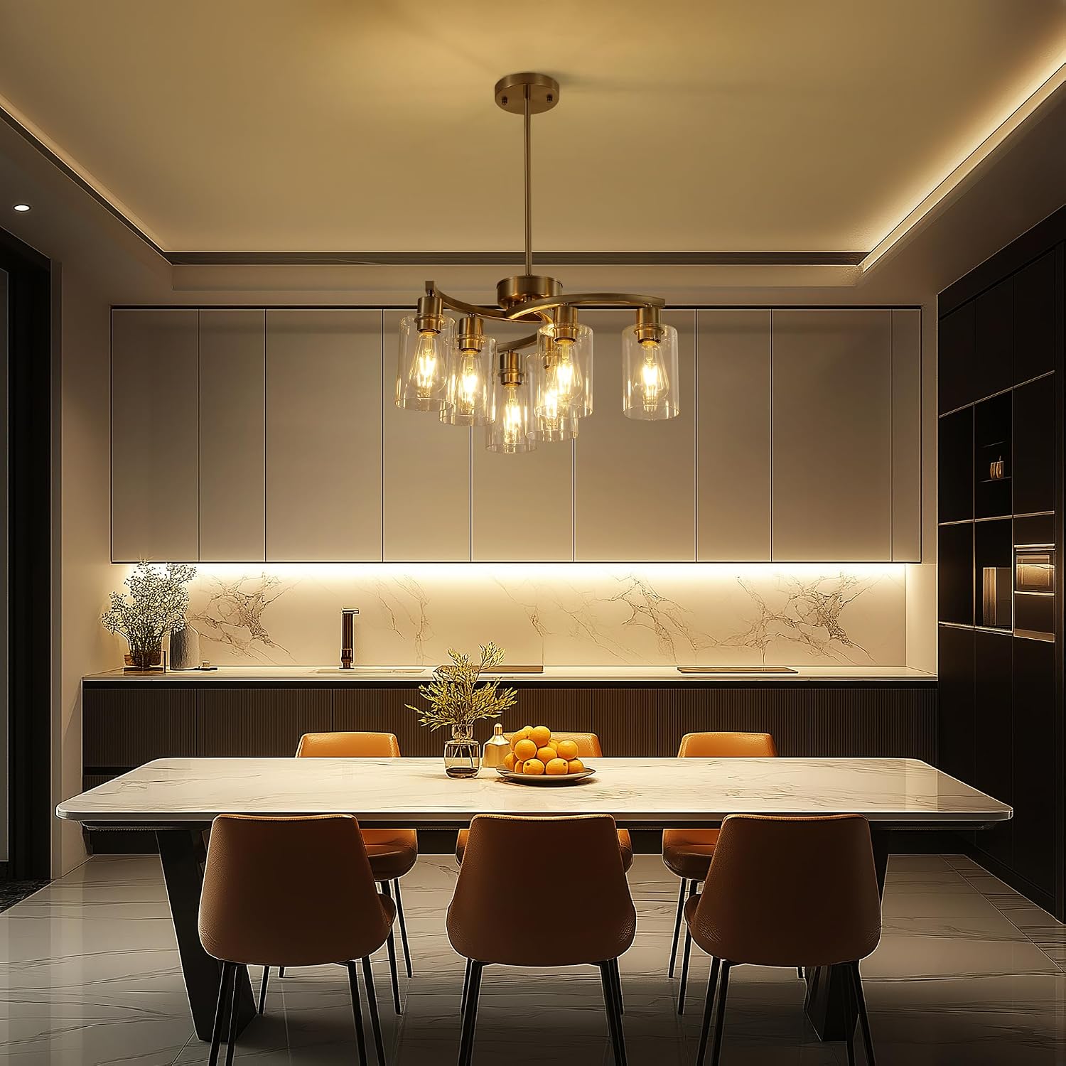 Sigaitwei 6 Light Farmhouse Brushed Nickel Chandelier,21.7' Modern Chandeliers for Dining Room Light Fixtures Over Table,Pendant Lights Kitchen Island,Metal Bracket with Downward Clear Glass Shade