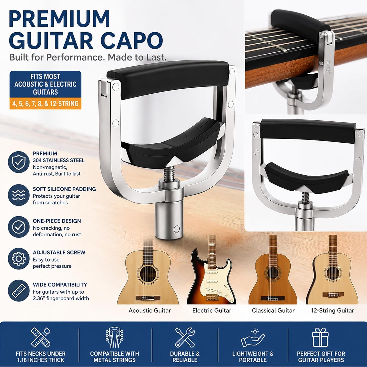 U-Shaped Guitar Capo 304 Stainless Steel | Professional Screw Adjustable Clamp for Acoustic, Electric, Classical Guitars & Bass | Fits 4-12 String & Banjo (9-16' Radius)