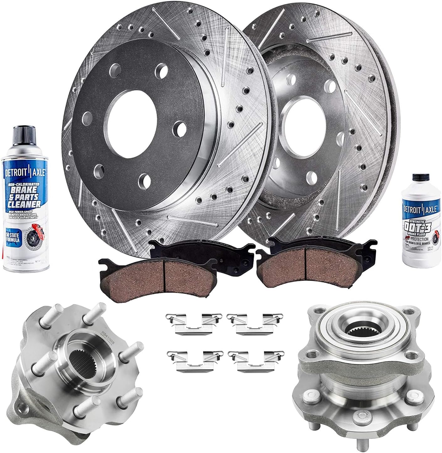 Detroit Axle - Rear Brake Kit for 05-12 Nissan Pathfinder, Drilled Slotted Brake Rotors Ceramic Brake Pads Wheel Bearing Hubs 2005 2006 2007 2008 2009 2010 2011 2012 Replacement