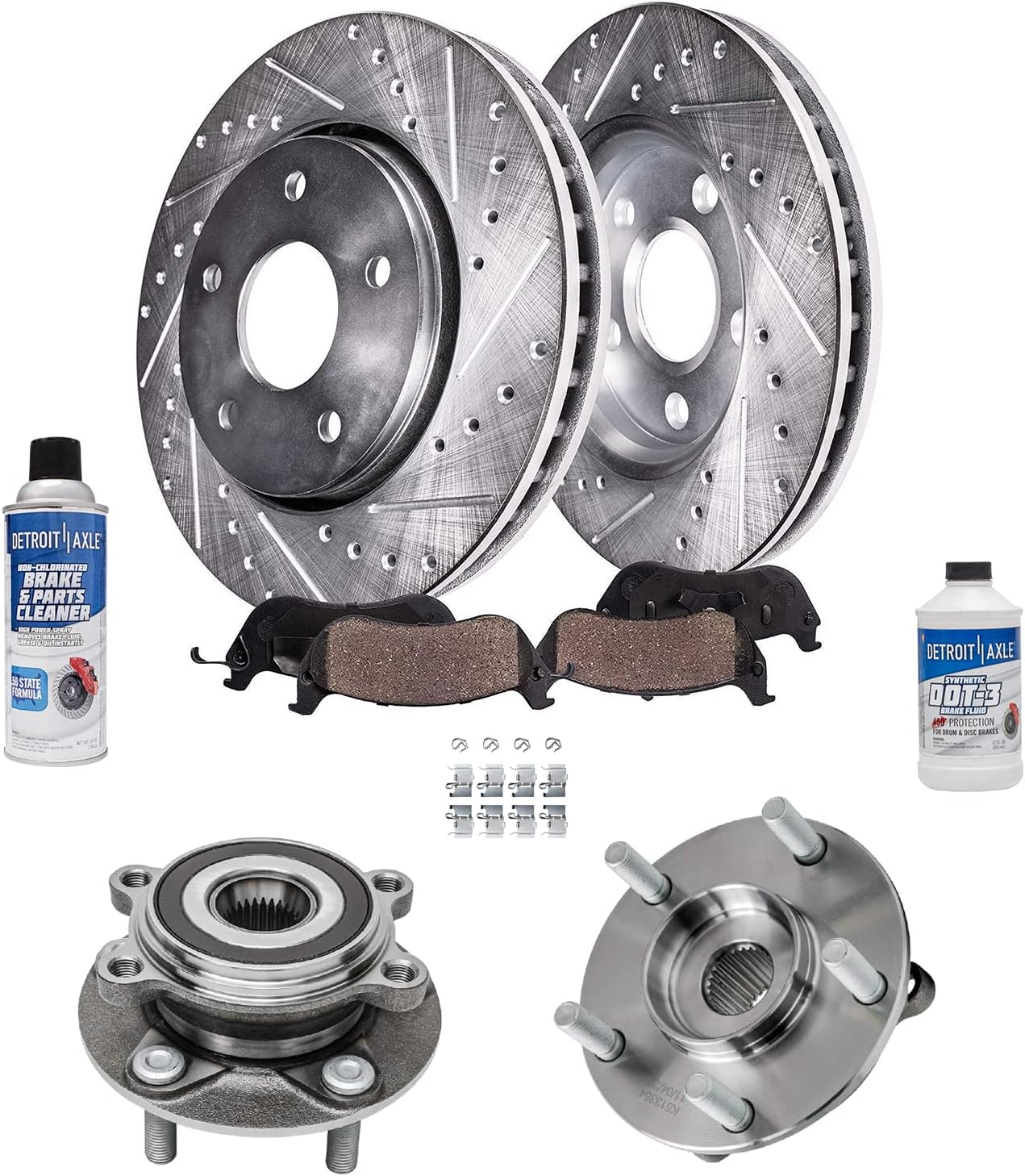 Detroit Axle - Front Brake Kit for 2014 2015 2016 2017 2018 Mazda 3 Drilled & Slotted Brake Rotors Ceramic Brake Pads Wheel Bearing & Hubs Replacement : 11.02' inch Front Rotor