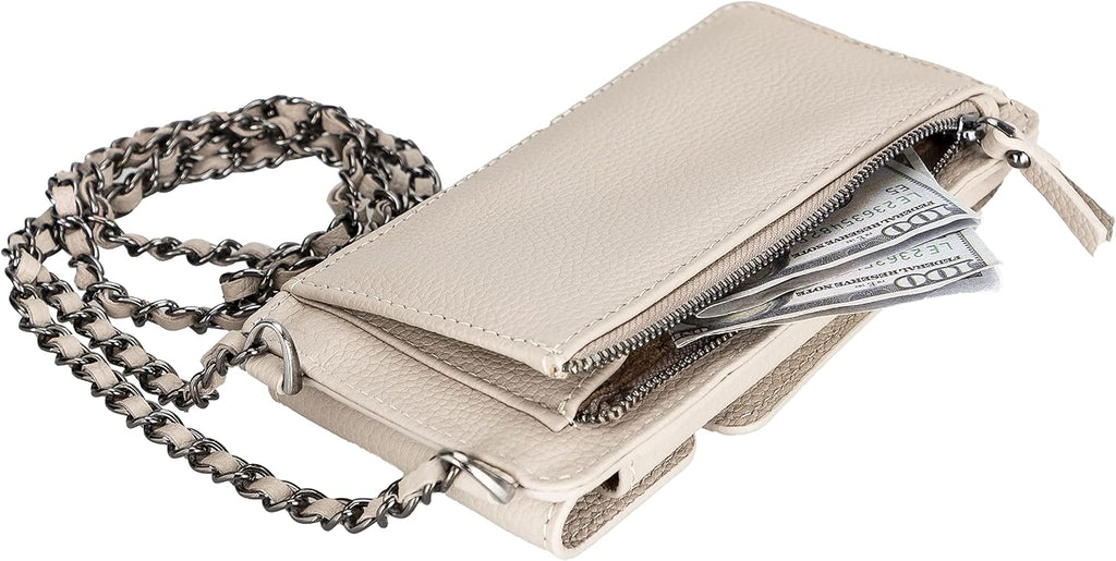 Crossbody Women Wallet fits iPhone 16 Pro MAX / 17 Pro MAX and All Mobile Devices up to 6.9' - Zippered Women Purse, Shoulder Bag with Card Holder, Pocket & Chain Strap, Trendy (Platinum)