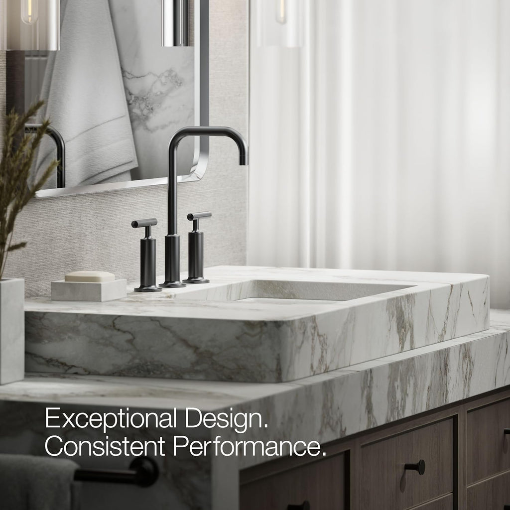 KOHLER K-14408-4-BL Purist® Widespread Bathroom Sink Faucet, 3-Hole, Widespread High Lever Handles and High Gooseneck Spout, 1.2 GPM, Matte Black