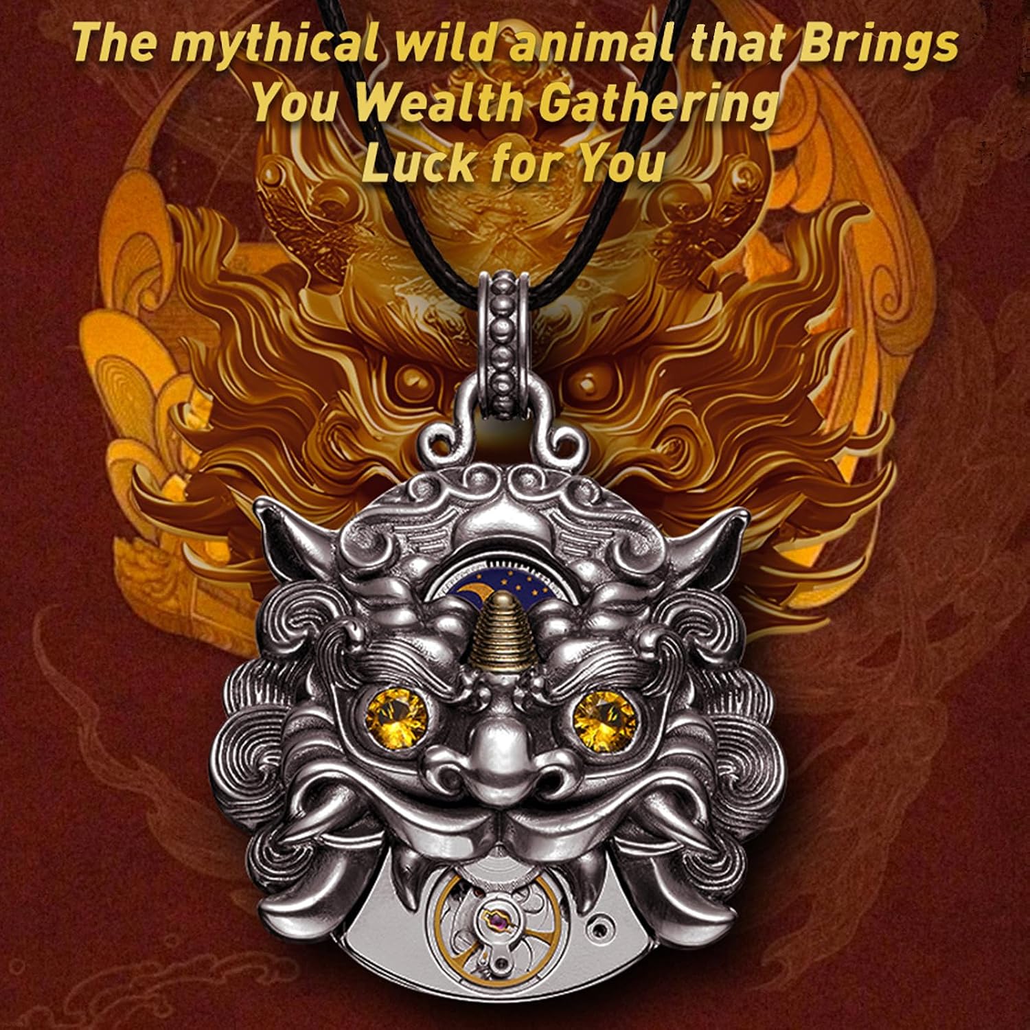 SEA-GULL Seagull Fengshui Pixiu Pendants Antique Finish Cooper+Yellow Zircon Jewelry Watch Movement Necklaces Chain Women Men Wealth Luck, NTHB70000