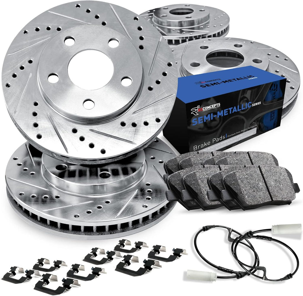 R1 Concepts Front and Rear Brake Kit Fits 2011-2015 BMW 740i, 740Li; 2013-2015 BMW ActiveHybrid 7| Semi Met Pads, Drilled Slotted Rotors| Hardware, Sensor Wire| 13.7' Front & 13.6' Rear