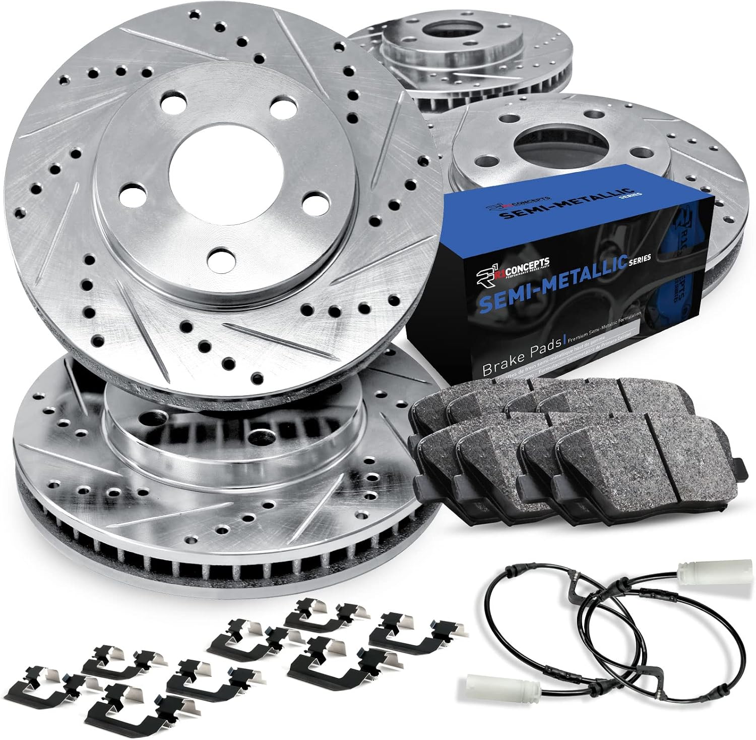 R1 Concepts Front and Rear Brake Kit Fits 2011-2015 BMW 740i, 740Li; 2013-2015 BMW ActiveHybrid 7| Semi Met Pads, Drilled Slotted Rotors| Hardware, Sensor Wire| 13.7' Front & 13.6' Rear