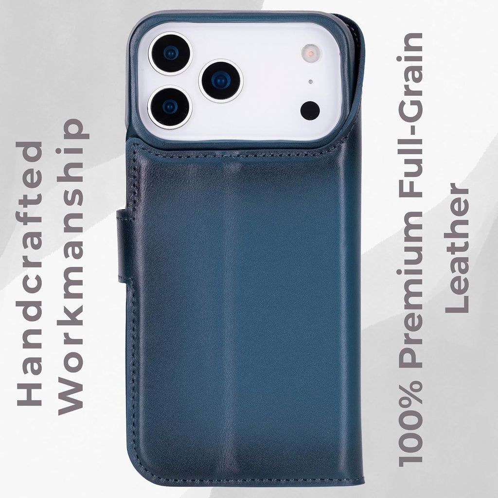 VENOULT Leather Wallet Case for iPhone 17 Pro Max, Full Grain Genuine Leather, Magnetic Detachable, 4 Card Holder, Buesiness Style, Compatible with MagSafe, RFID, Handmade (Admiral Blue)