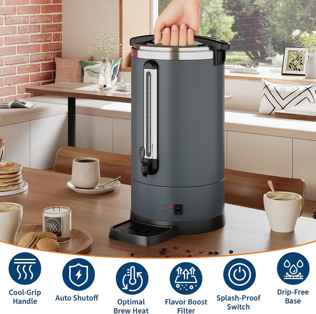 TROPOW Double Wall Insulated Commercial Coffee Urn - 18L/4.8Gal Stainless Steel Electric Coffee Maker - Fast Brew Beverage & Water Dispenser for Catering, Parties, Buffets - High Volume - 18L