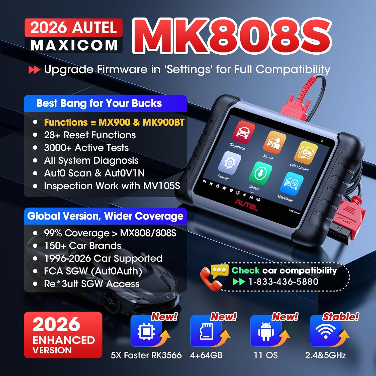 Autel Scanner MaxiCOM MK808S, 2026 OBD2 Scan Tool as MaxiCheck MX808S MX900 MK900BT MK808BT Pro, 3000+ Active Test, 28+ Service for 200+ Brands, OE All System Diagnostics, FCA & SGW, 10X Faster OS 11