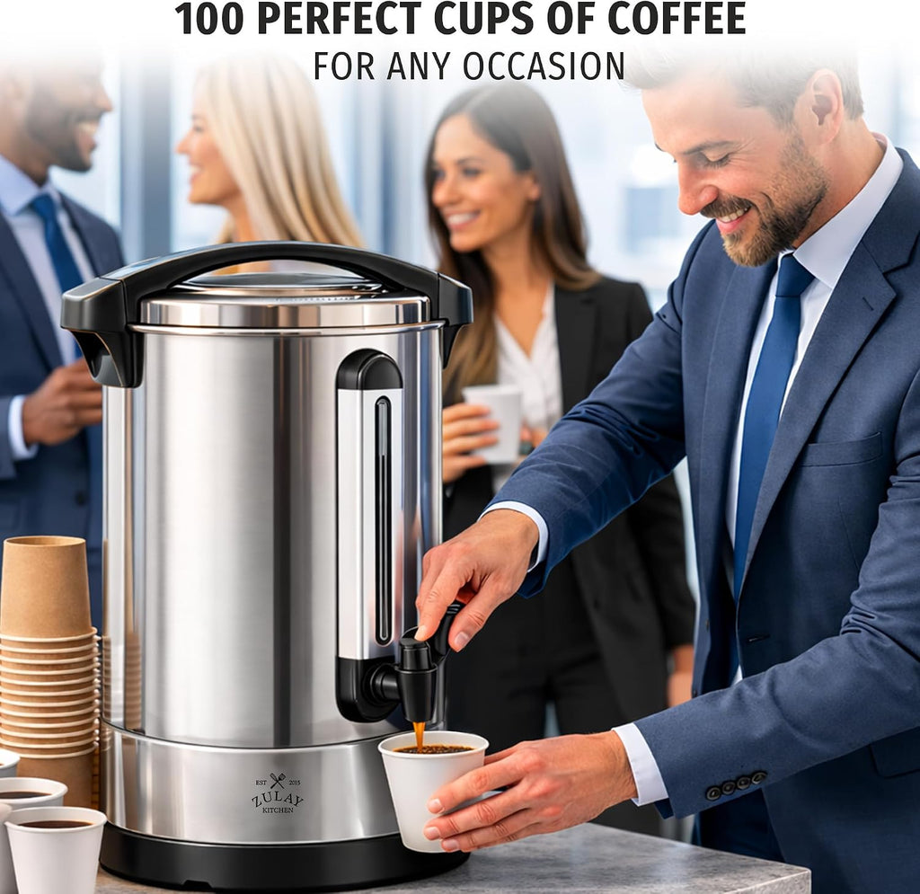 Zulay Commercial Grade 100 Cup Coffee Maker Hot Water Urn - Large Percolator Pot Dispenser With Double-Wall Stainless Steel, Quick Brew, Stays Hot for Tea & Beverage at Events & Catering - Silver