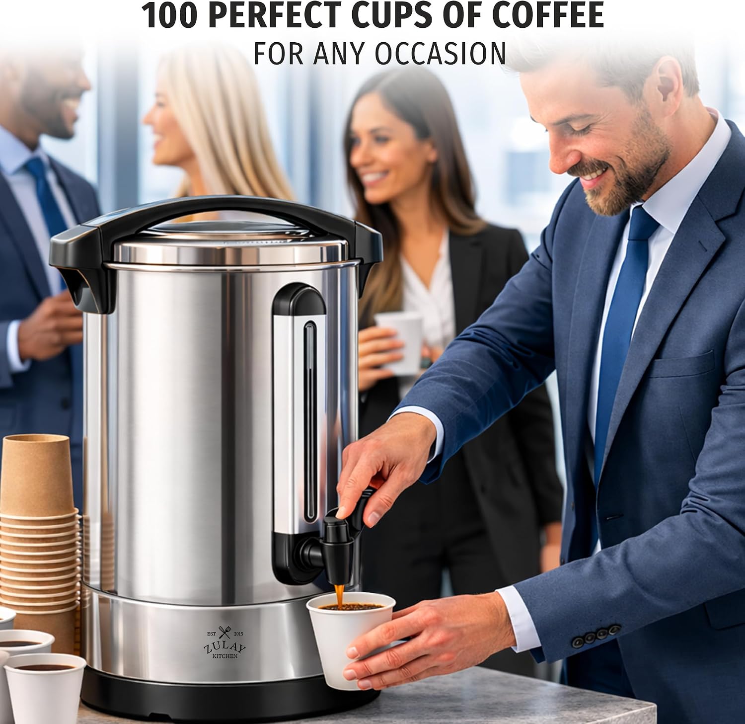 Zulay Commercial Grade 100 Cup Coffee Maker Hot Water Urn - Large Percolator Pot Dispenser With Double-Wall Stainless Steel, Quick Brew, Stays Hot for Tea & Beverage at Events & Catering - Silver