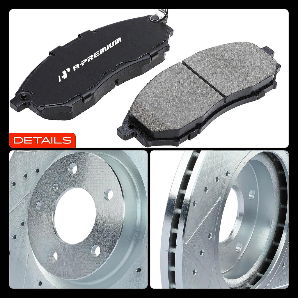 A-Premium Front & Rear Drilled and Slotted Disc Brake Rotors + Ceramic Pads Kit Compatible with Select Nissan and Infiniti Models - 370Z, 350Z, G37, G35, EX35, EX37, G25, M35, M45, Q40, 12-PC Set