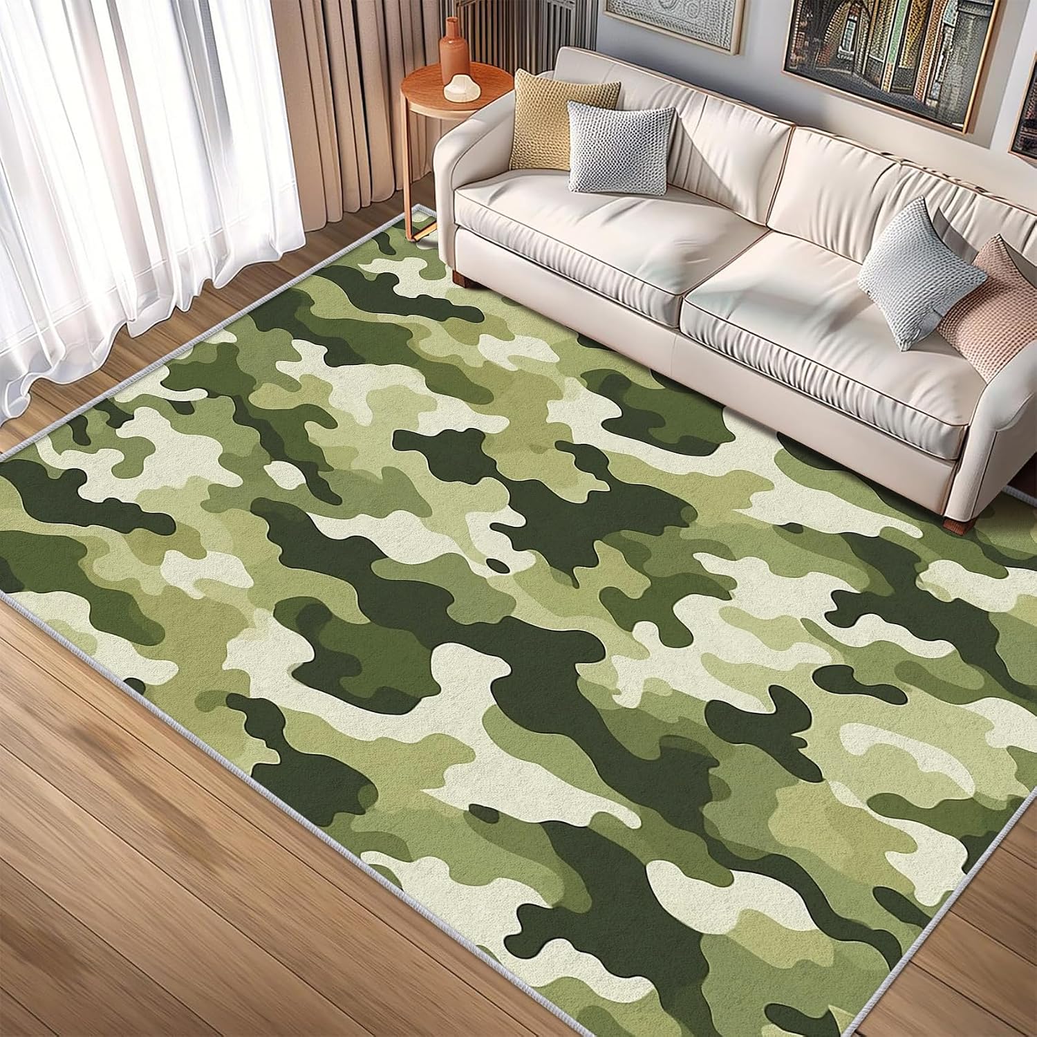 Army Green Camo Rug 8x12 for Bedroom, Camouflage Patterned Living Room Area Rug, Green Camo Kids Boys Girls Room Decor, Washable Soft Thin Carpet with Non Slip Backing, 8 x 12 ft - Lu11722