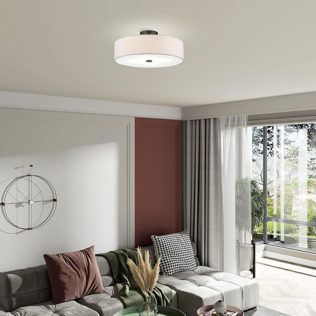 Livex Lighting 52136-92 Meridian Collection 4-Light Transitional Ceiling Mount Fixture with Oatmeal Color Fabric Hardback Shade, English Bronze