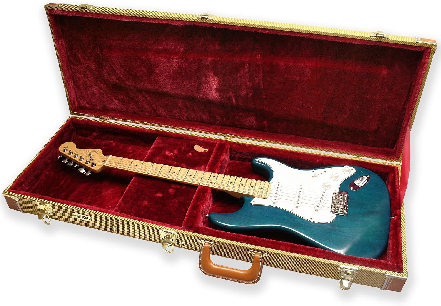 Gator GW-ELECTRIC-TW Deluxe Wood Case for Strat/Tele Style Electric Guitars - Tweed Bundle with Picks, Strap, Instrument Cable, and Austin Bazaar Polishing Cloth