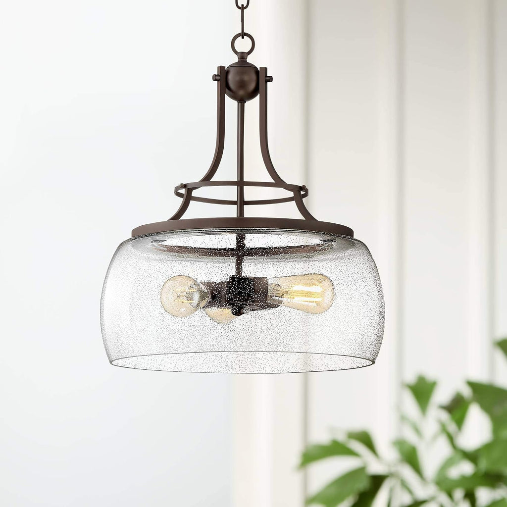 Franklin Iron Works Charleston Painted Bronze Iron Pendant Chandelier 16' Wide Rustic Farmhouse Clear Glass Shade LED 3-Light Dining Room House Foyer Entryway Kitchen Bedroom Living Room Ceilings