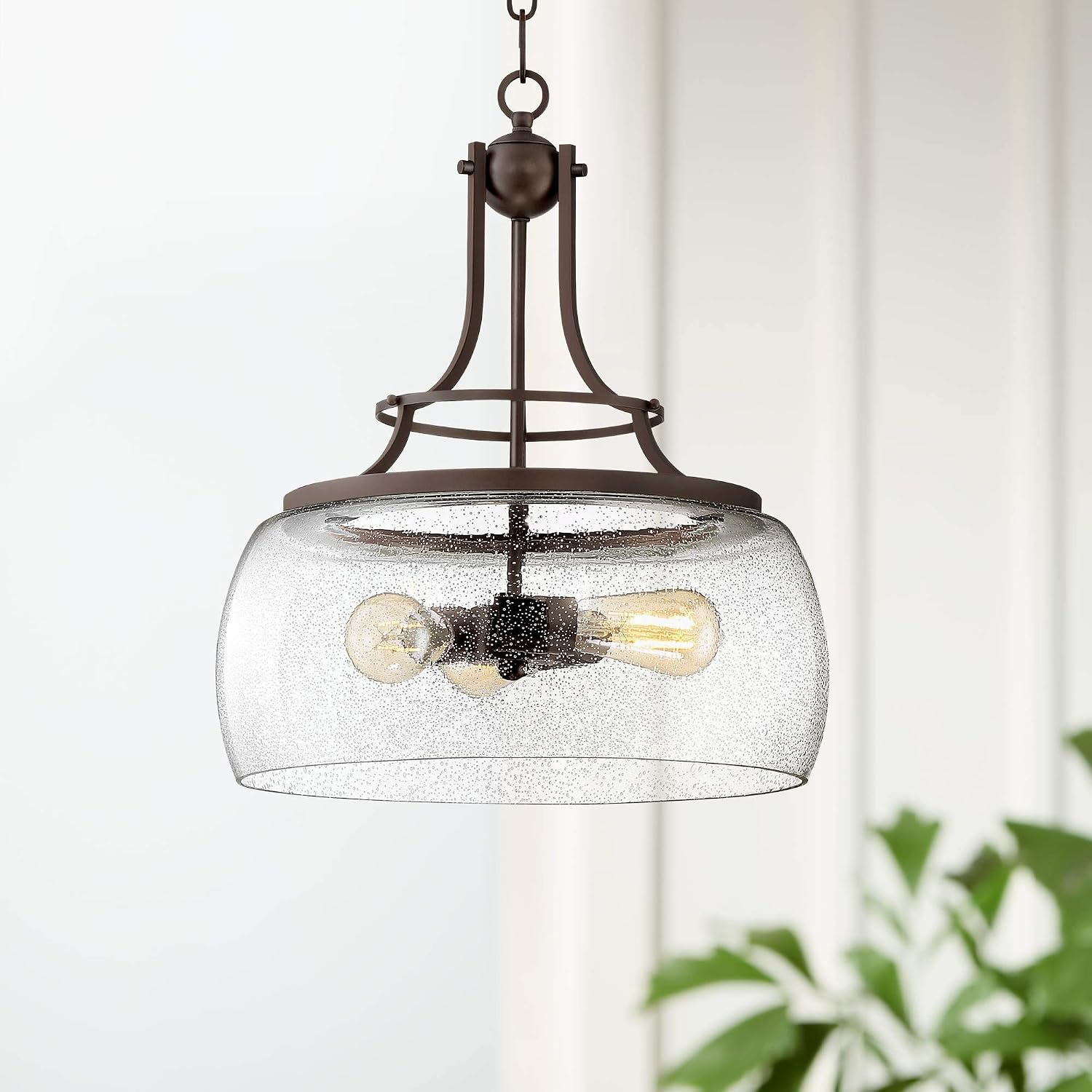 Franklin Iron Works Charleston Painted Bronze Iron Pendant Chandelier 16' Wide Rustic Farmhouse Clear Glass Shade LED 3-Light Dining Room House Foyer Entryway Kitchen Bedroom Living Room Ceilings
