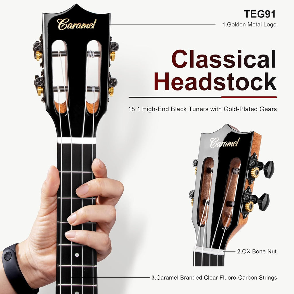 Caramel TEG91 Cutaway Ebony Glossy Tenor Acoustic & Electric Ukulele with Armrest | 26-inch Handmade Professional Ukelele Kit with Accessories