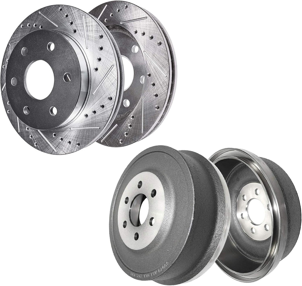 Detroit Axle - Brake Kit for 1998-2002 Dodge Durango 00-02 Dakota Replacement Front Drilled & Slotted Disc Brake Rotors 1999 2000 2001 REAR Brakes Drums: 11' inch Brake Drum