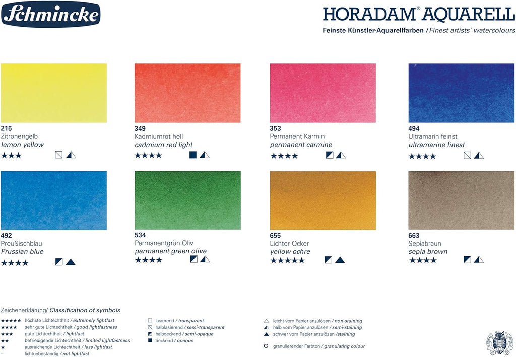 Schmincke Horadam Aquarell Half-Pan Paint Metal Set with Water Container, Set of 8 Colors (74408097)