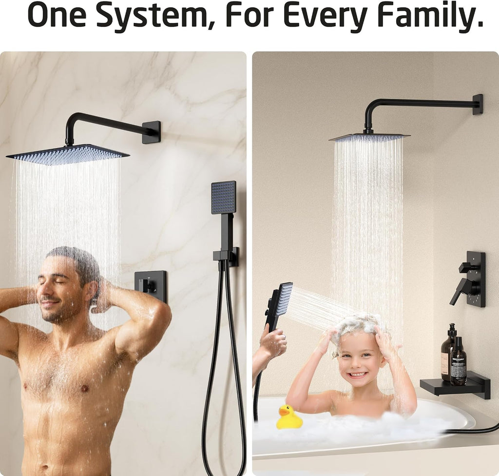 KES Black Bathtub Shower Faucet Set with 12' Rectangle Rain Shower Head, Shower System with 3-Modes Handheld Spray and Waterfall Tub Spout, cUPC Anti-Scald Valve included, XB6336S12-BK