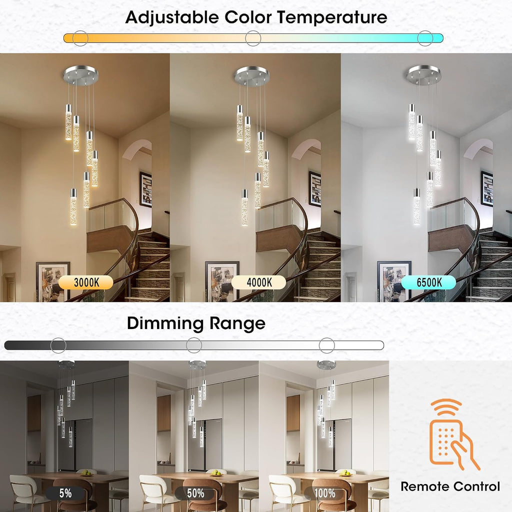 Pendant Lights Kitchen Island, 3000K-6500K Modern Kitchen Island Lights, Ceiling Lighting Fixtures with Crystal Bubble, 3 Color Integrated LED Hanging Light Brushed Nickel 1 Pack(6-Light)