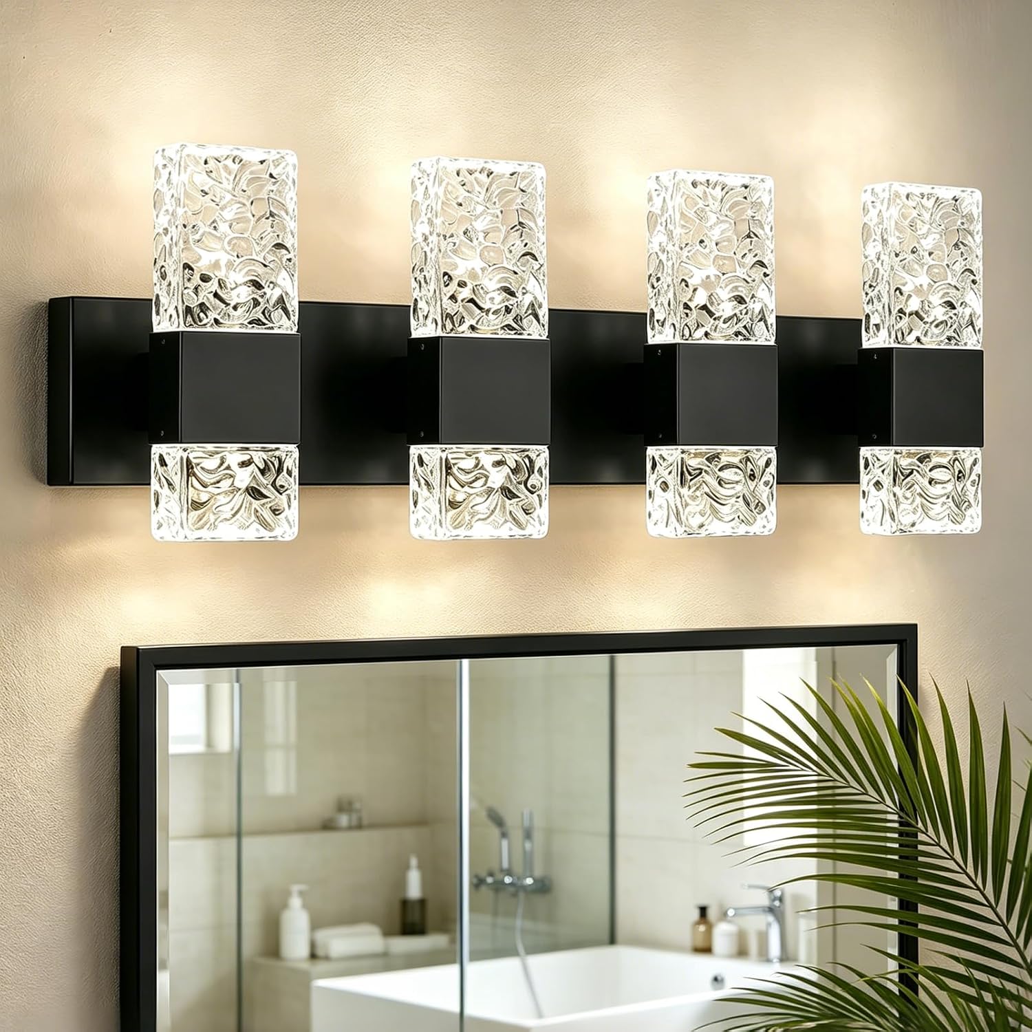 Epinl Black Bathroom Vanity Light Fixtures Bathroom Light Fixtures Over Mirror 4-Light 4000K LED Crystal Wall Sconces Modern 40W Brushed Hardwired Wall Lights for Bathroom Bedroom Living Room