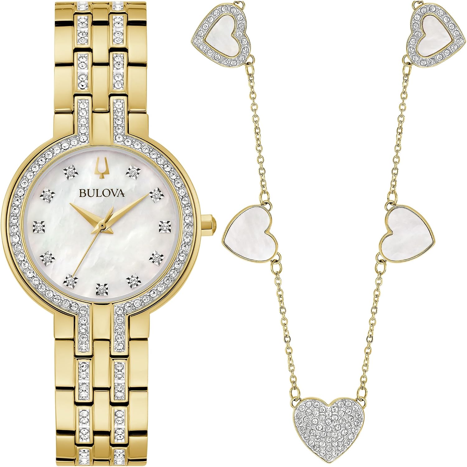 Bulova-Ladies' Crystal Gold-Tone Stainless Steel Box Set with White Mother-of-Pearl Dial 3-Hand Quartz-Watch and MOP Crystal Accent Hearts Pendant-Necklace, 30mm Style:98X138
