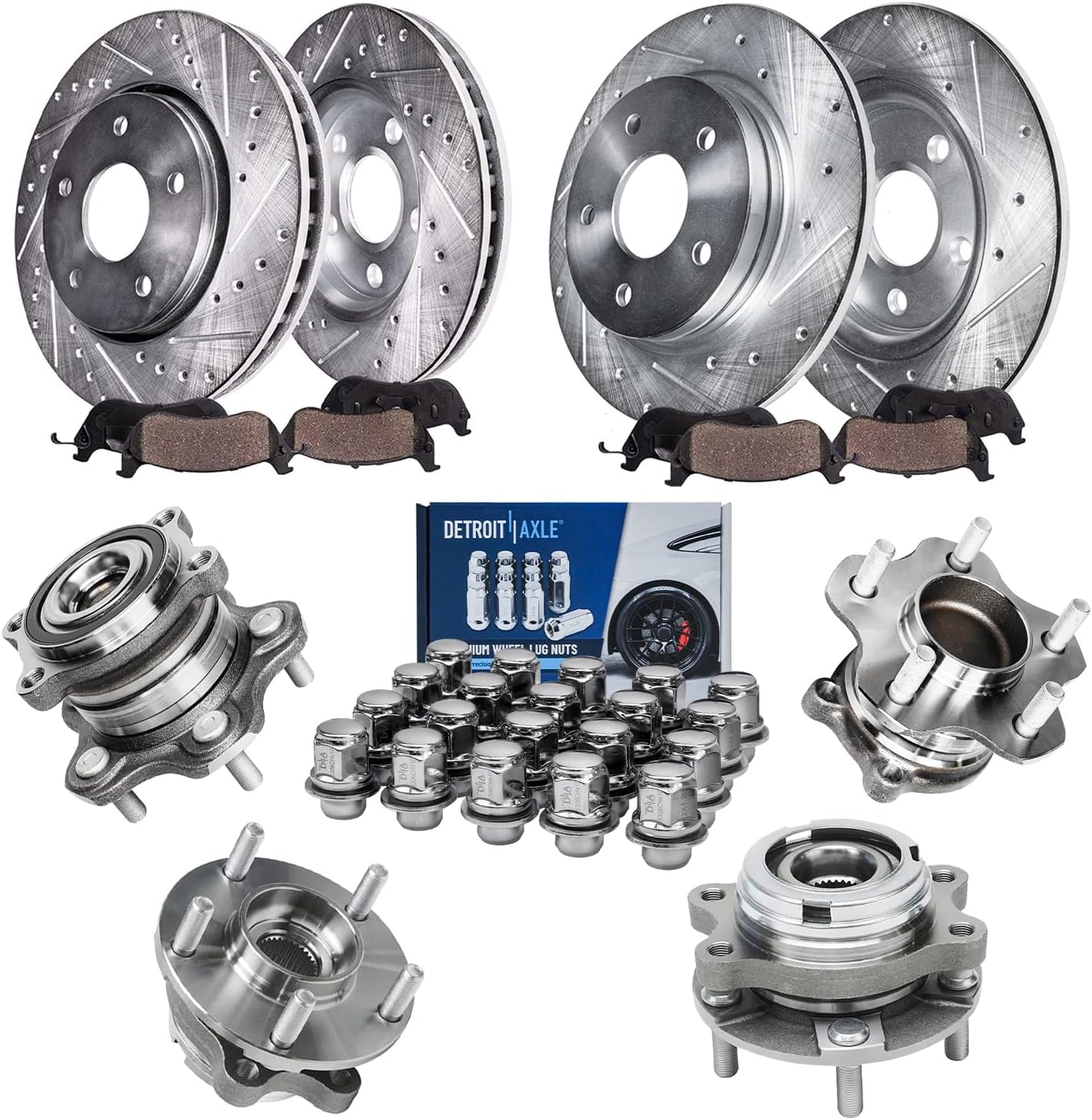 Detroit Axle - Wheel Bearing Hubs Brake Kit for 2007-2013 Nissan Altima, Brake Rotors Ceramic Brake Pads Wheel Bearing Hubs Wheel Lug Nuts Front Rear 2008 2009 2010 2011 2012 Replacement