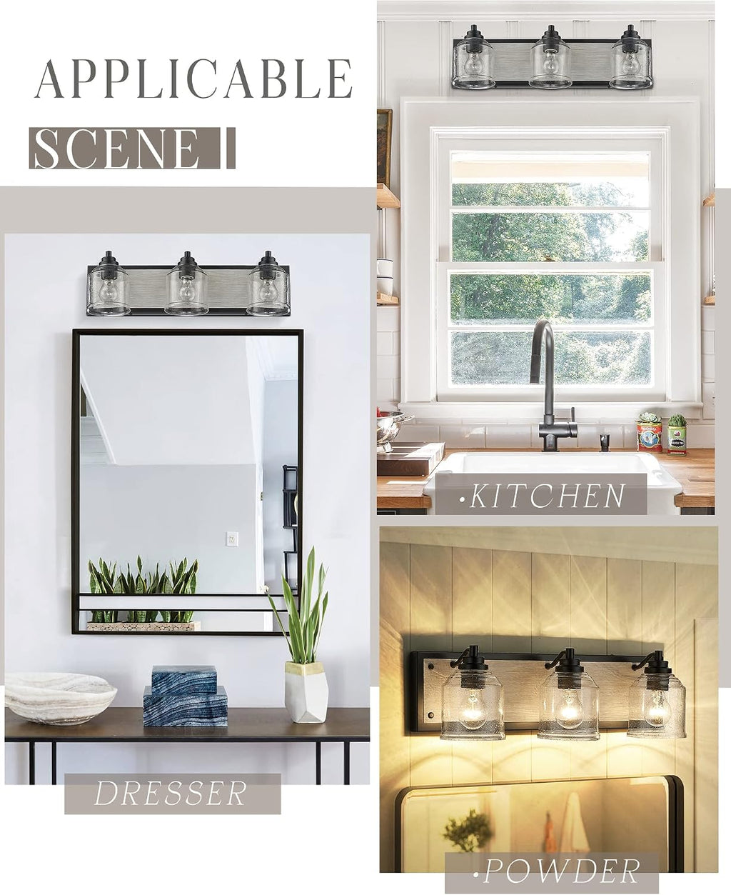 3-Light Bathroom Vanity Light Large 23', Vanity Lights for Bathroom, Farmhouse Rustic Gray Bathroom Light Fixtures Over Mirror with Bubble Glass Shades, Hand-Painted Wood-Look Metal Backplate