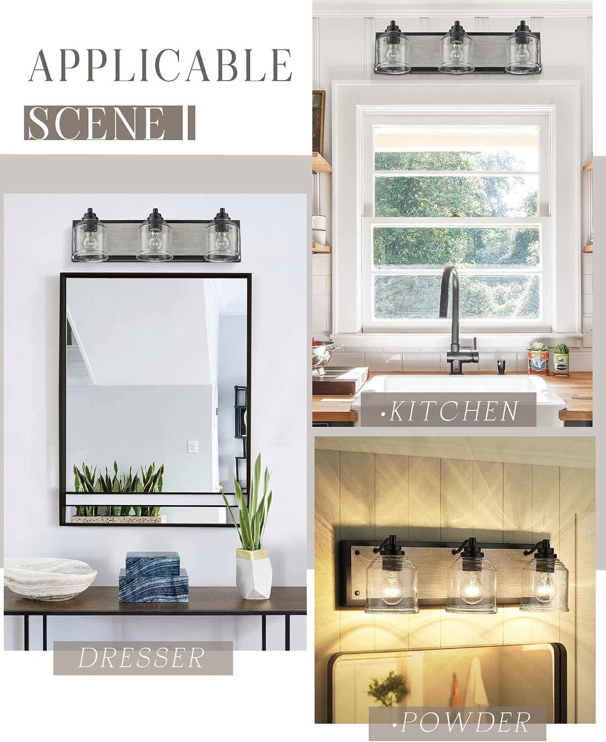3-Light Bathroom Vanity Light Large 23', Vanity Lights for Bathroom, Farmhouse Rustic Gray Bathroom Light Fixtures Over Mirror with Bubble Glass Shades, Hand-Painted Wood-Look Metal Backplate