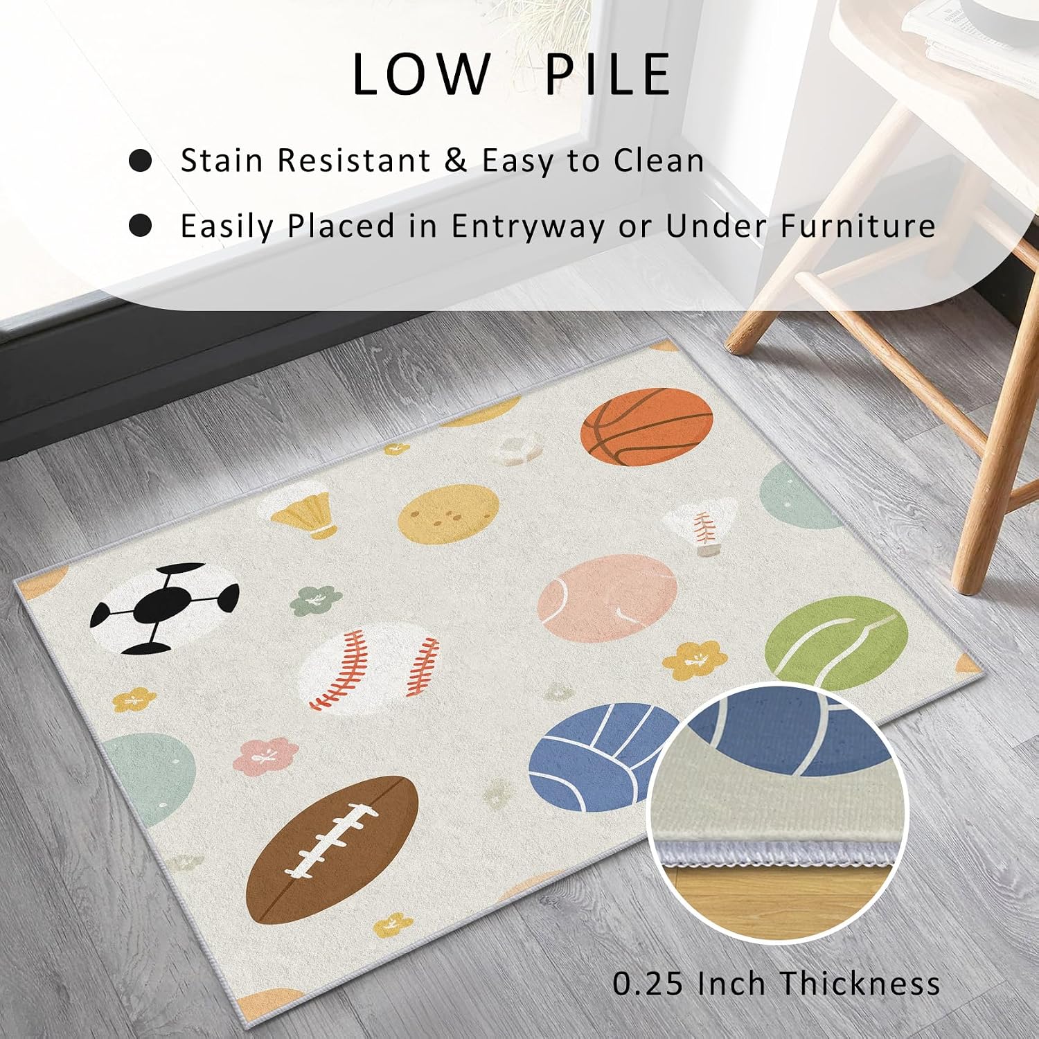 Sport Rug 8x10 for Bedroom, Basketball Soccer Baseball Patterned Living Room Area Rug, Sport Kids Boys Girls Room Decor, Washable Soft Thin Carpet with Non Slip Backing, 8 x 10 ft - Lu11497