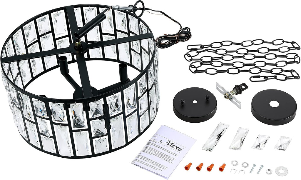 MEXO Farmhouse Crystal Convertible Chandelier and Semi Flush Mount Lighting Black Cylinder Drum Shade Pendant for Kitchen Island Dining Room Bedroom Hallway
