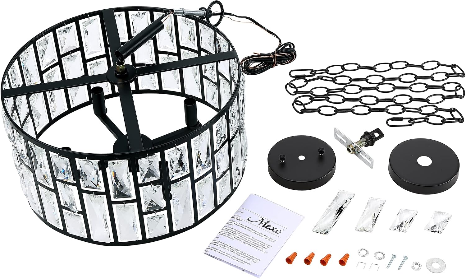 MEXO Farmhouse Crystal Convertible Chandelier and Semi Flush Mount Lighting Black Cylinder Drum Shade Pendant for Kitchen Island Dining Room Bedroom Hallway