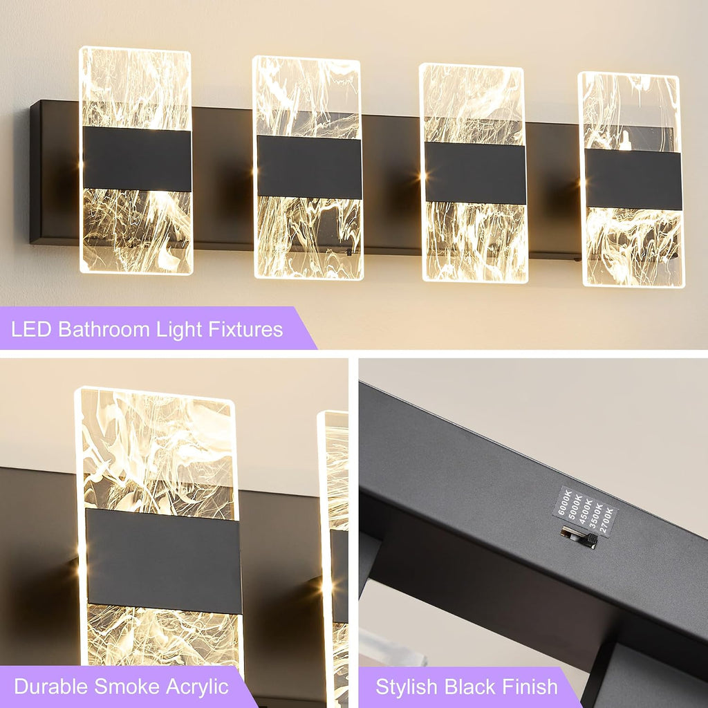 Modern LED Bathroom Light Fixtures Dimmable 4-Light Black Vanity Light, 5CCT Adjustable Lighting Fixture Vanity Lights Over Mirror, Smoked Acrylic LED Vanity Lights for Bathroom
