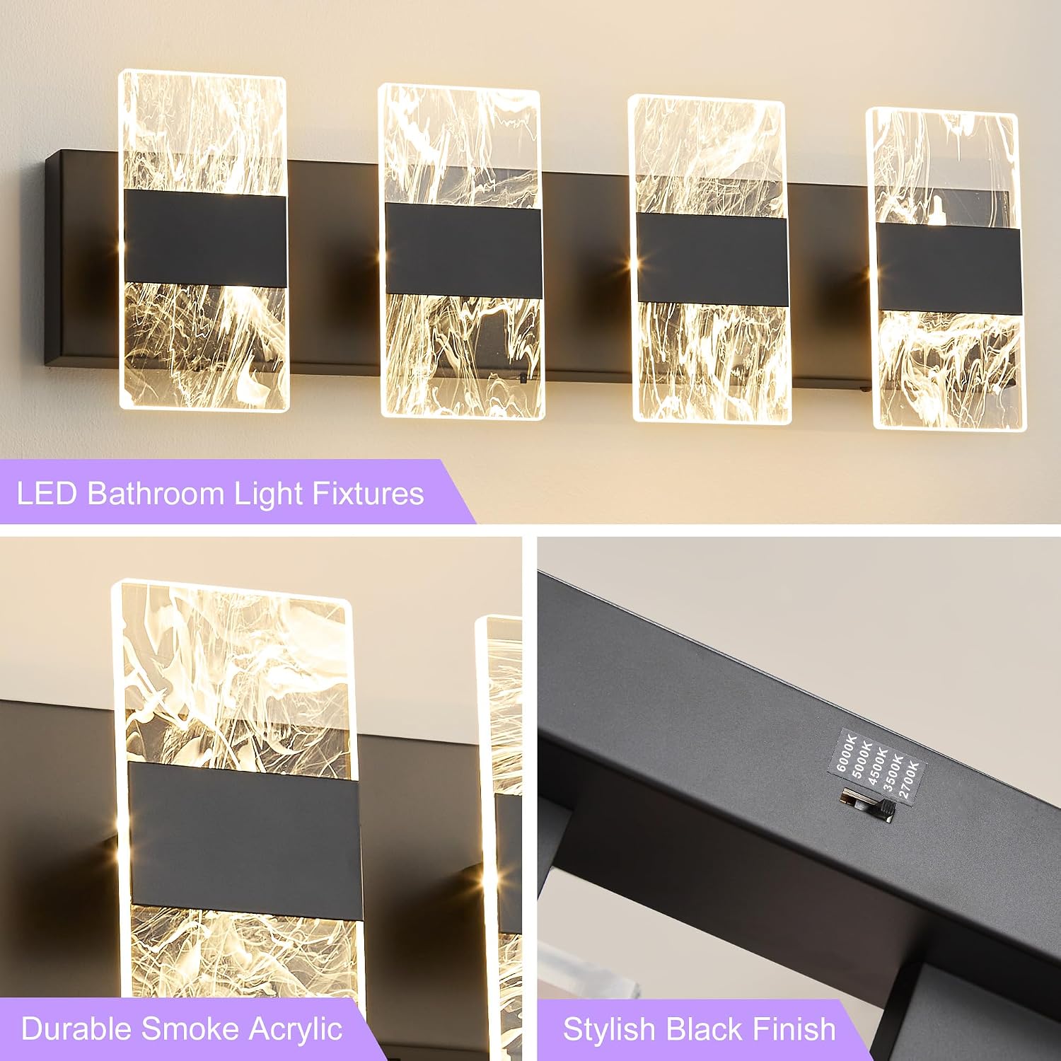 Modern LED Bathroom Light Fixtures Dimmable 4-Light Black Vanity Light, 5CCT Adjustable Lighting Fixture Vanity Lights Over Mirror, Smoked Acrylic LED Vanity Lights for Bathroom