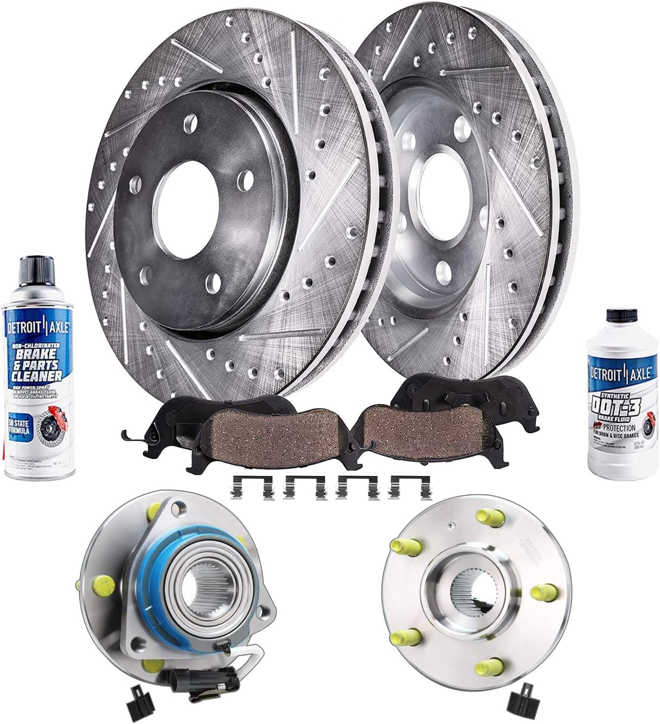 Detroit Axle - Front Wheel Bearing Hubs and Drilled Slotted Brake Kit Rotors w/Ceramic Pads for 06-11 Cadillac DTS SEDAN - [12-13 Chevy Impala] - 06-11 Buick Lucerne V8 - [08-09 LaCrosse/Allure V8]