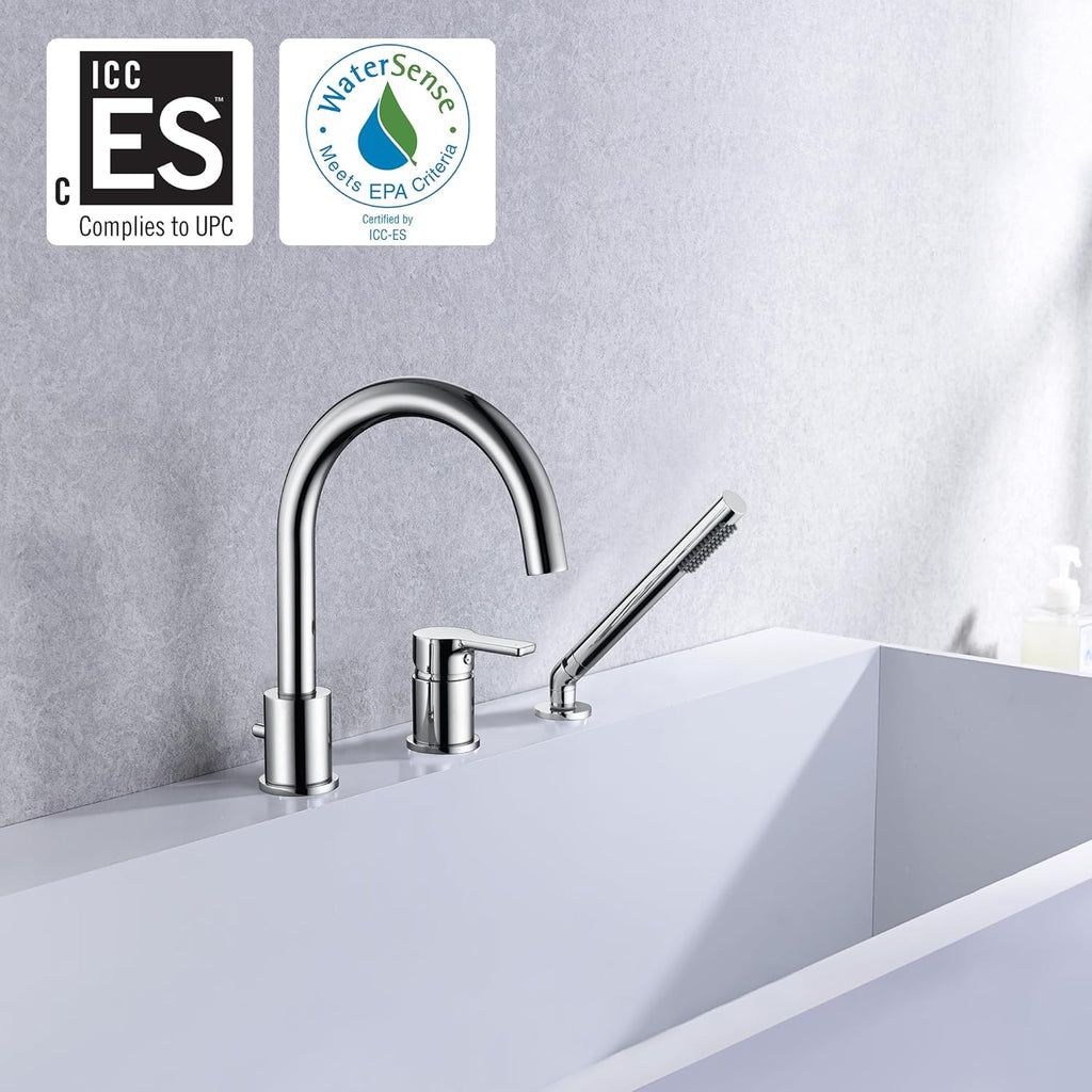 3 Hole Deck Mount Roman Tub Faucet with Hand Shower, Solid Brass Chrome Finish Valve Included